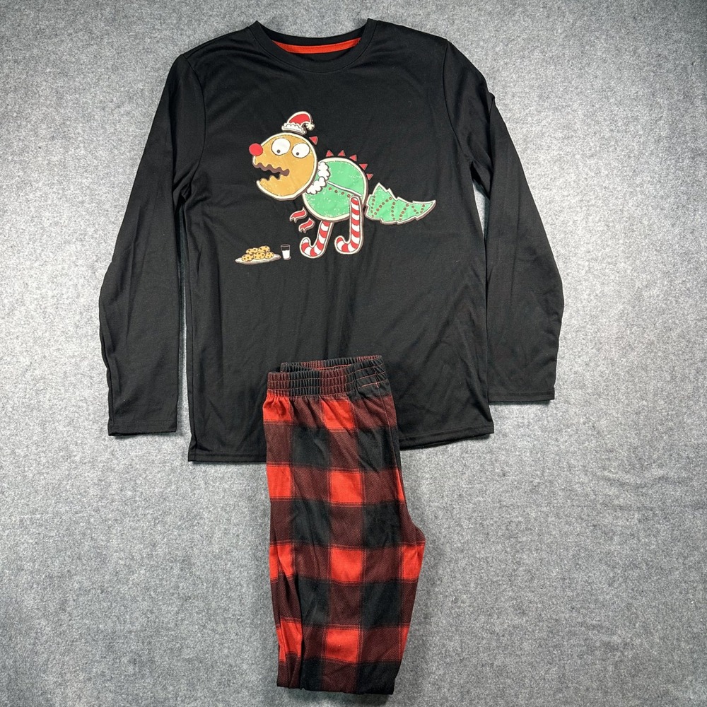 Cat & Jack Christmas Dinosaur Pajama Set XXL 16/18 Black Red Buffalo Plaid Poly